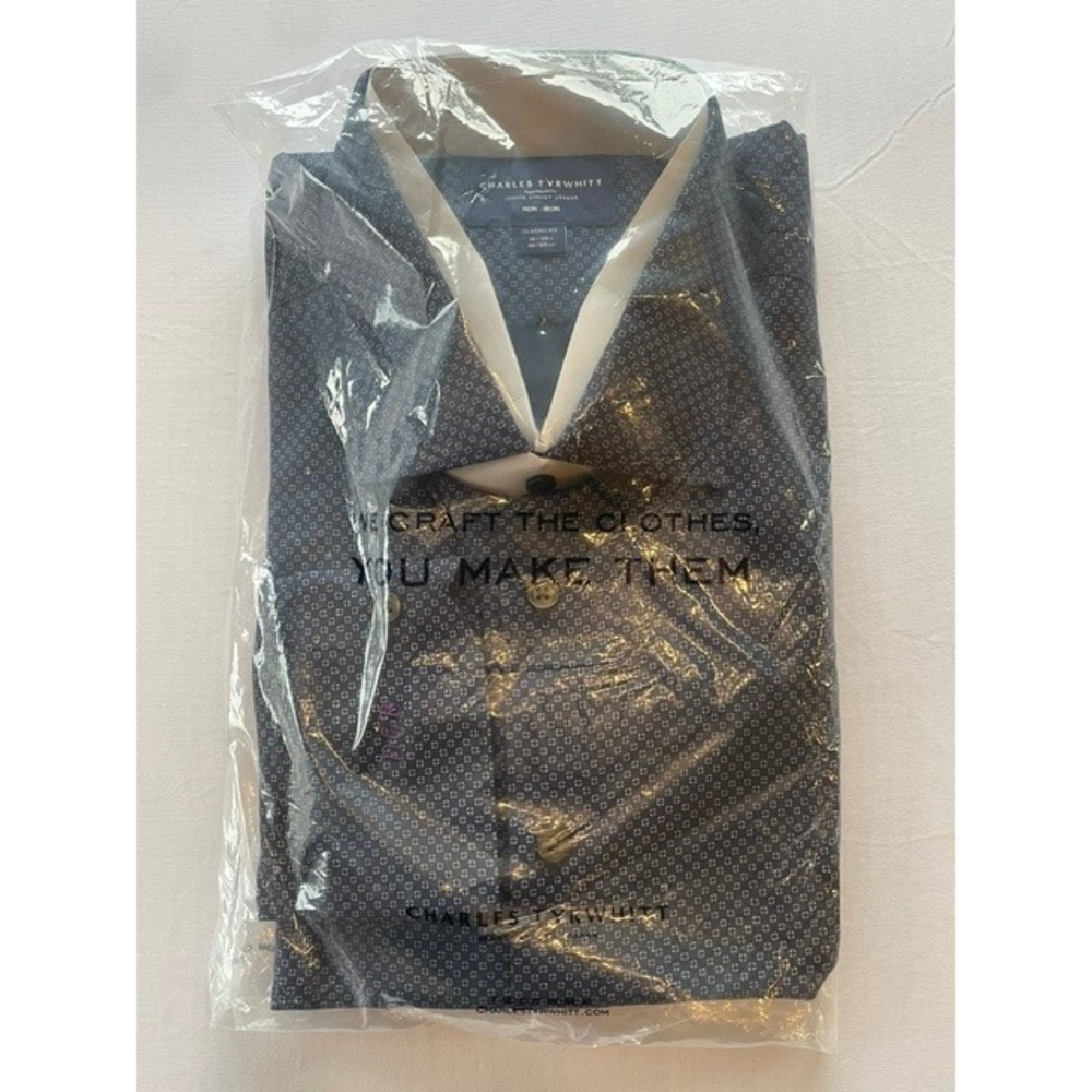 Charles Tyrwhitt Mens Classic Fit Non-Iron Navy Diamond Print Shirt 18 35 DGB